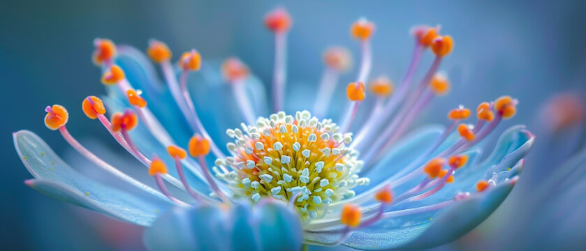 A flower with a blue center and orange petals