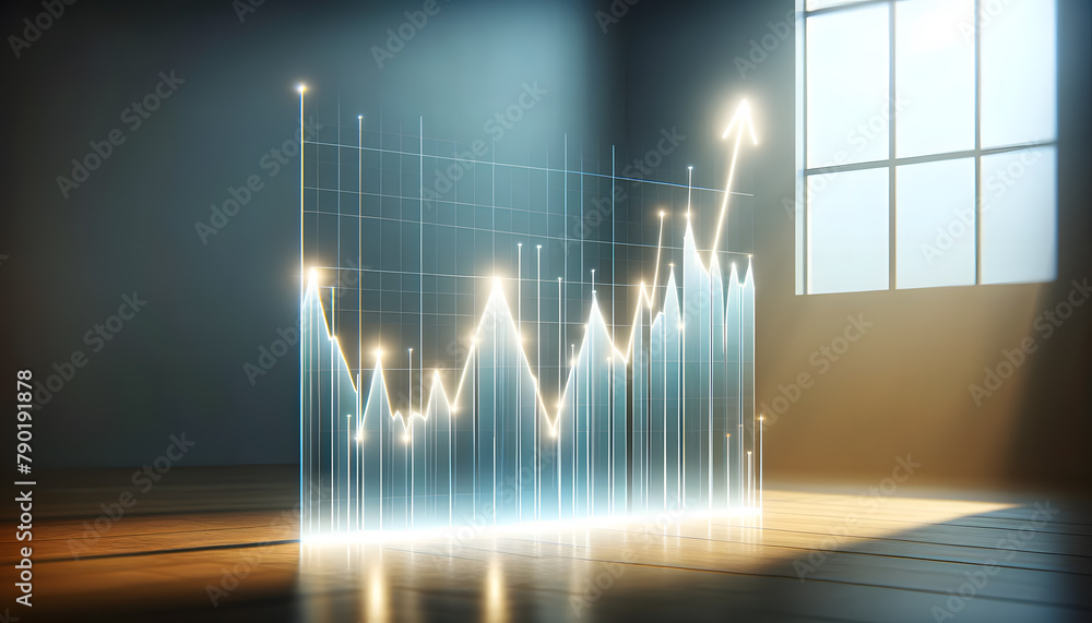 Poster concept of economic growth, a three-dimensional digital graph with a rising curve, glowing points, a