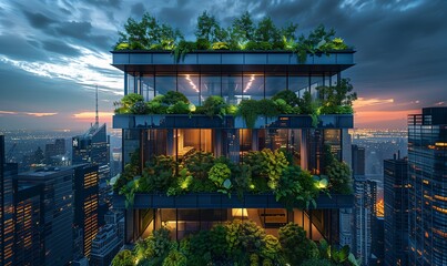 Green skyscraper building with plants growing on the facade. Ecology and green living in city, urban environment concept - Powered by Adobe