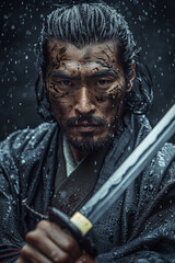 A samurai is standing in the rain. The man is wearing a black robe and has a beard. The sword is held in his right hand