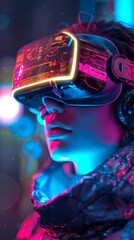 A girl wearing a virtual reality headset is looking at the camera. The image has a futuristic and sci-fi vibe, with neon colors and a sense of otherworldliness.
