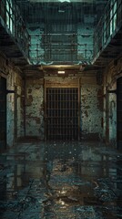 A dark, damp, and dirty prison cell with a barred door. The cell is filled with water and the door is locked