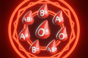 Red 3D droplets having 8 different blood types in white with glowing circles and polygons as decoration in black background. Illustration of the concept of blood donation and blood related diseases