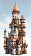 Whimsical Steampunk Tower with Clocks and Turrets