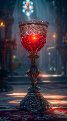 A tall, ornate glass cup with a red liquid in it. The cup is placed on a carpeted floor in a dimly lit room. Scene is mysterious and elegant, with the cup's design