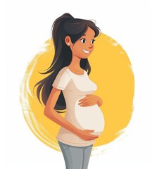 A woman is pregnant and smiling. She is wearing a white shirt and has long hair. The image has a happy and positive mood