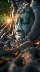 A statue of a face is covered in leaves and branches - obrazy, fototapety, plakaty