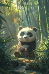 A cartoon panda bear is sitting in a forest. The bear is smiling and he is happy