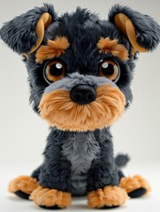 A stuffed dog with brown and black fur is sitting on a white background