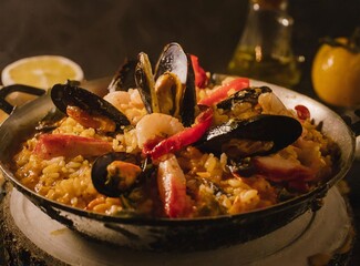 Spanish Paella, with rice, peppers, mussels and squid