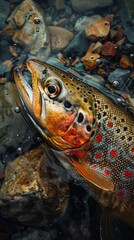 A close up of a beautiful brown trout in the water. - obrazy, fototapety, plakaty