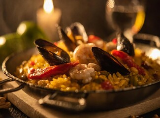 Spanish Paella, with rice, peppers, mussels and squid