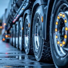 Fototapeta premium A close up of the wheels of a semi-truck.