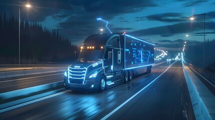 Futuristic Technology Concept: Autonomous Semi Truck with Cargo Trailer Drives at Night on the Road with Sensors Scanning Surrounding. Special Effects of Self Driving Truck Digitalizing Freeway - obrazy, fototapety, plakaty