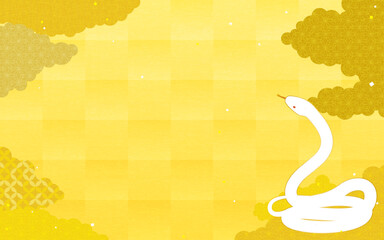 とぐろを巻いた白蛇と紙吹雪、和柄の雲の金箔風和風背景