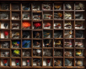 A wooden box containing a collection of antique fishing flies.
