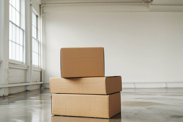 Boxes, cardboard and room with in apartment for moving order, delivery and goods storage. Packaging, floor and stack in office building for logistics, package and courier services by distribution