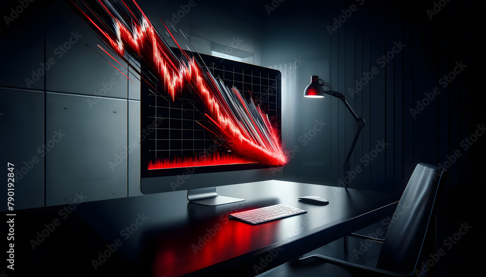 Poster concept of economic growth, a modern office desk with a computer screen displaying a sharp red graph