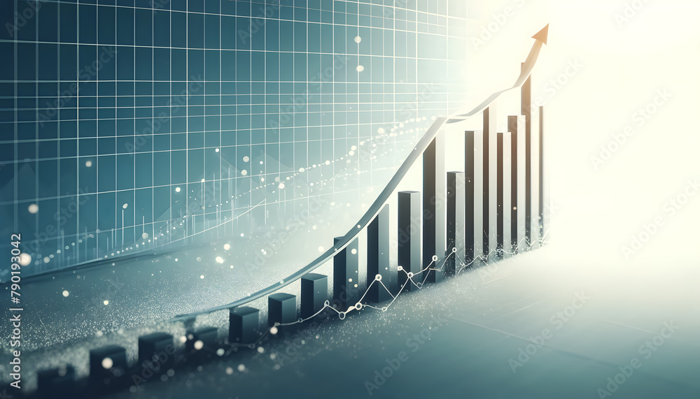 Poster concept of economic growth, a three-dimensional digital graph with a rising curve, glowing points, a