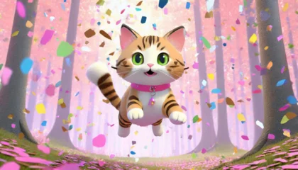 Foto op Canvas 색종이 조각이 떨어지고 부드러운 밝은 분홍색 배경으로 숲을 날아 다니는 행복 한 귀여운 고양이 © you