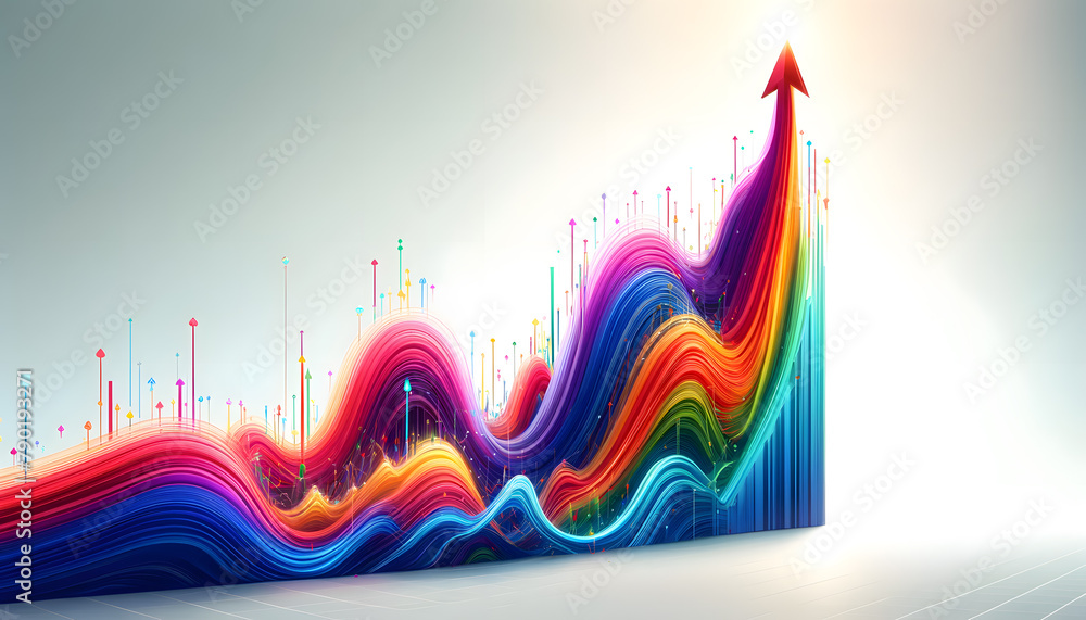 Poster concept of economic growth, a three-dimensional digital graph with a rising curve, glowing points, a