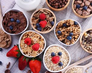 Bowls with different sorts of breakfast cereal products