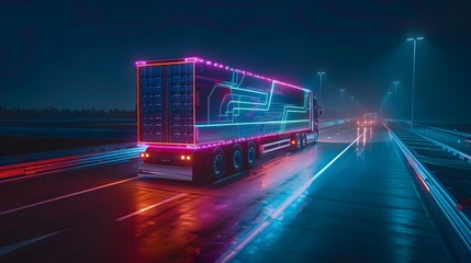 Futuristic Technology Concept: Autonomous Semi Truck with Cargo Trailer Drives at Night on the Road...