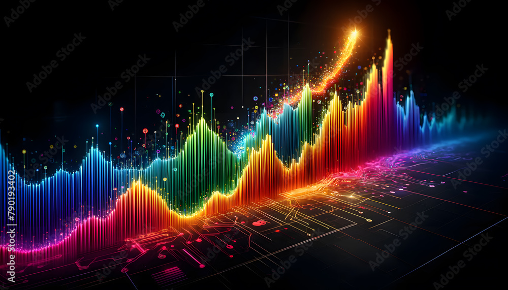 Poster concept of economic growth, a three-dimensional digital graph with a rising curve, glowing points, a