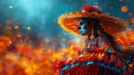 Magical realism digital art of a woman in ornate Dia de los Muertos attire. Copy space.