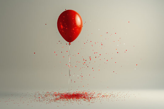 exploding red birthday balloon with pieces flying in air on neutral background