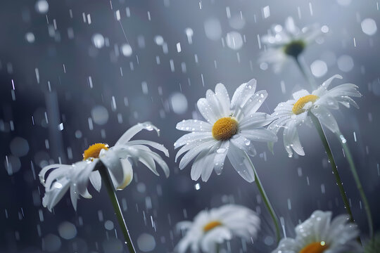 White daisies with raindrops in a moody, natural setting
