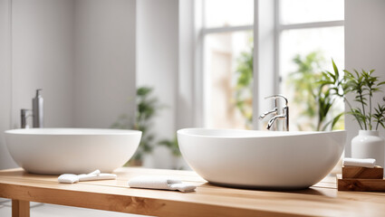 Fototapeta na wymiar Two vessel sinks sit on a wooden counter in front of a large window.