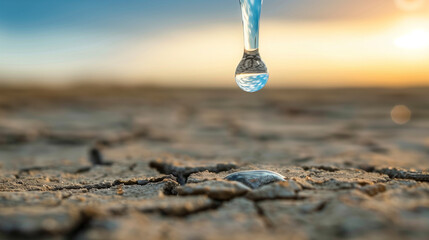 A concept of water conservation with a close-up of a water droplet about to drip from a tap, against a backdrop showing the effects of drought. , background