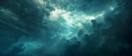 A stormy sky with dark clouds and lightning bolts - obrazy, fototapety, plakaty