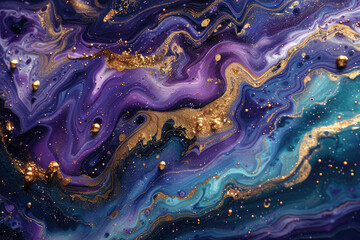 An enchanting background featuring swirling patterns of deep purple and blue, with golden veins running through the fluid marblelike textures. Created with Ai