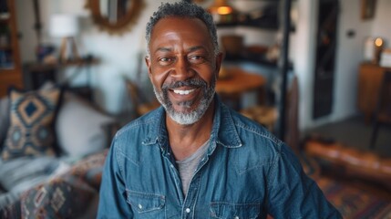Happy confident middle aged senior african american man standing with arms crossed at home. Smiling older mature 50 years old handsome man looking at camera posing in modern house living room.
