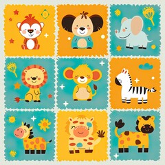 Fototapeta premium A collection of nine adorable cartoon African animals, including a lion, koala, and zebra, depicted in bright, child-friendly colors and patterns..