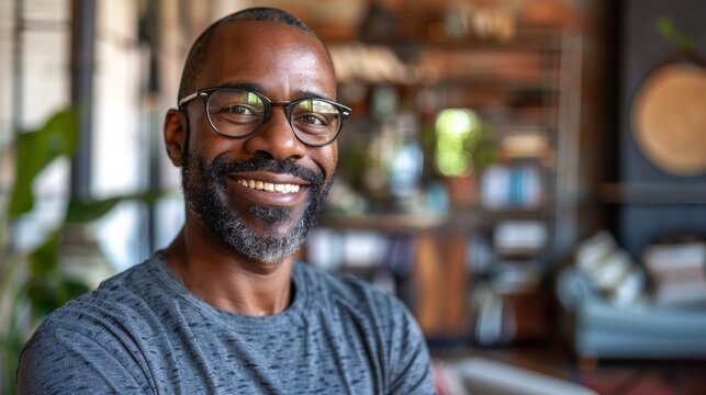 Happy confident middle aged senior african american man standing with arms crossed at home. Smiling older mature 50 years old handsome man looking at camera posing in modern house living room. - Powered by Adobe