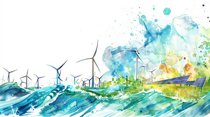 An artistic arrangement of watercolor paintings depicting renewable energy sources like wind turbines, solar panels, and water currents on a white background. , watercolor painting