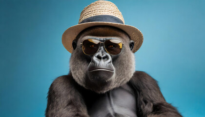 Cool gorilla with sunglasses and hat in front of blue background. Funny studio stylish wild animal fashion wallpaper.