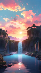 Anime-Style Waterfall Sunset with Cloud Aesthetic Wallpaper