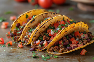 delicious grilled tacos with colorful toppings and vibrant salsa on stone background - obrazy, fototapety, plakaty
