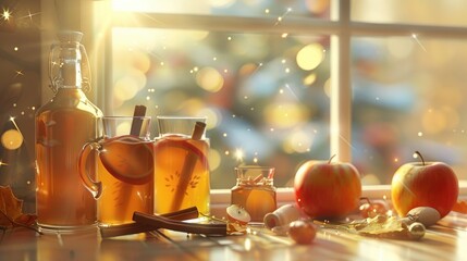 Apple cider cinnamon sticks glasses and bottle depicted against a bright background with a window