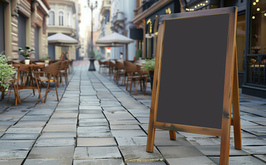 photo of black chalkboard sign with wooden frame on the street, Generative AI