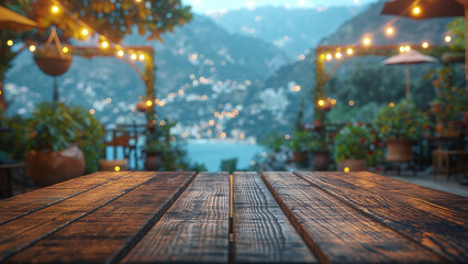 Fototapeta premium Empty wooden table space platform and blurred city and mountains Fog background for product display montage