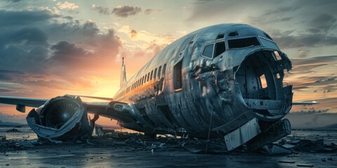 Plane crash, debris on the ground, Generative AI.