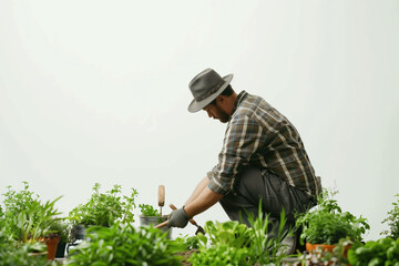 gardener at work, with tools and plants against a clean white background, symbolizing the dedication and craftsmanship of the job.