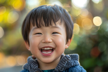 Close-up of a happy little Asian boy smiling