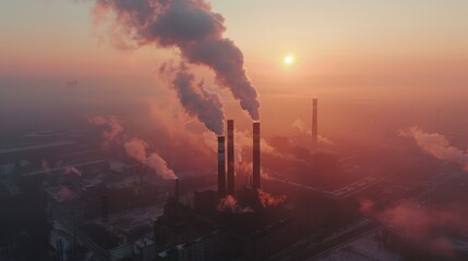 Factory spewing smoke pollutes the twilight sky