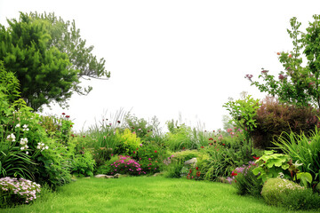 Obraz premium tranquility of a garden tended by a gardener, with a white background creating a sense of serenity and harmony, reflecting the peaceful nature of their work.
